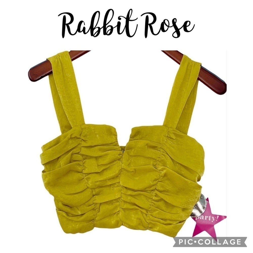 Rabbit Rose ruched shiny V neck crop top